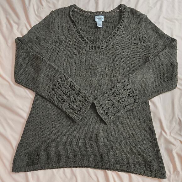 Chicos Womens Goblin Boho Forest Green Crotchet Trim Knit V-Neck Sweater Size 1 - Picture 8 of 12